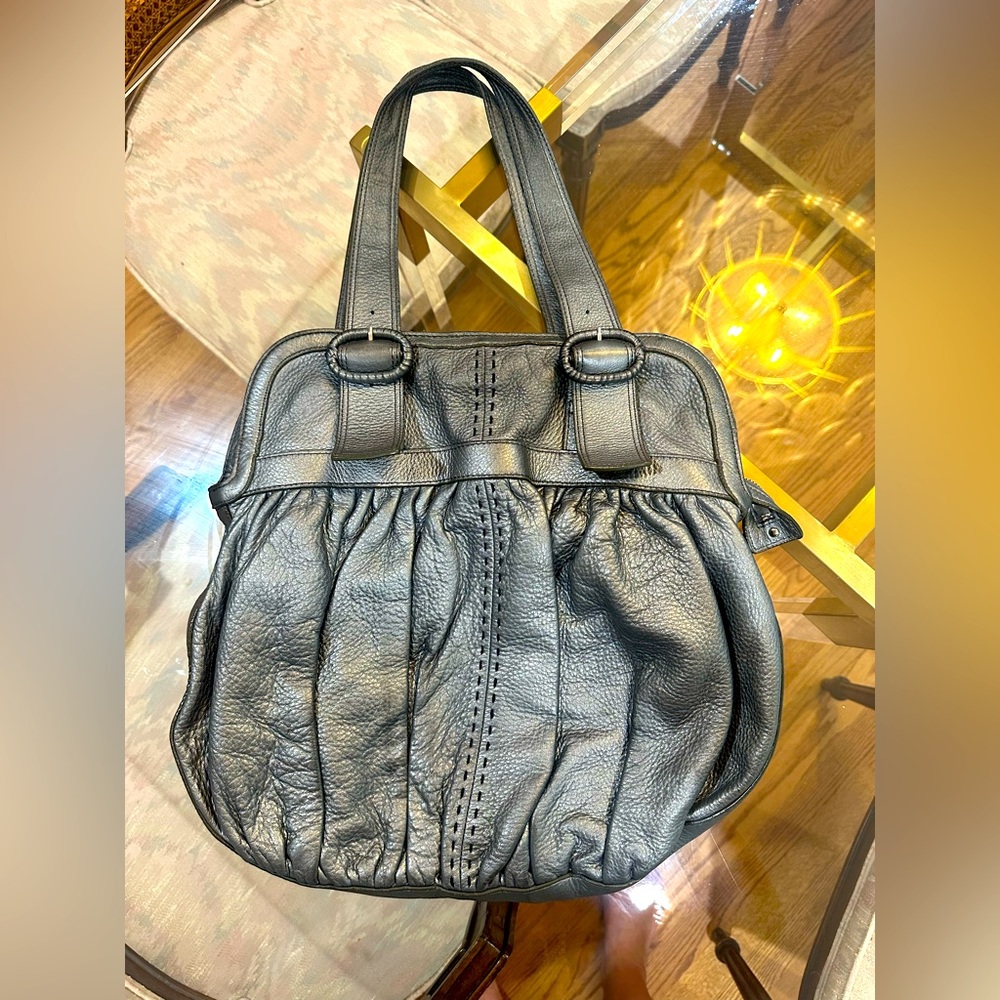 COLE HAAN Hobo Grey/Silver Pebbled Leather Gathered Large Shoulder Bag